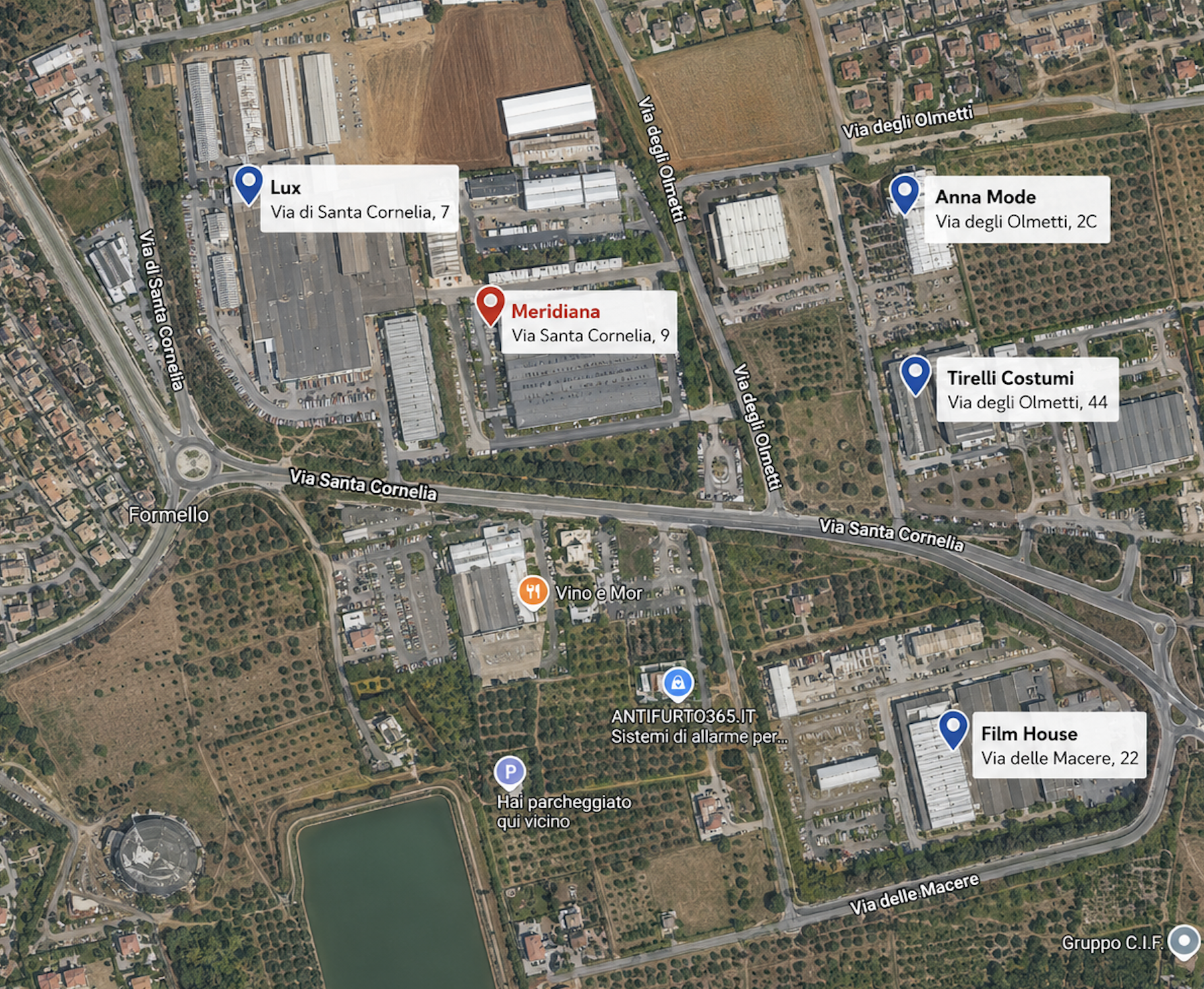 Mappa satellitare con Meridiana e i competitor Lux, Tirelli, Anna Mode e Film House nella zona industriale di Formello